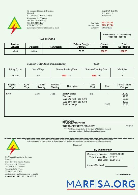 Realistic Saint Vincent and the Grenadines St. Vincent Electricity Services Limited busienss utility bill Word and PDF template
